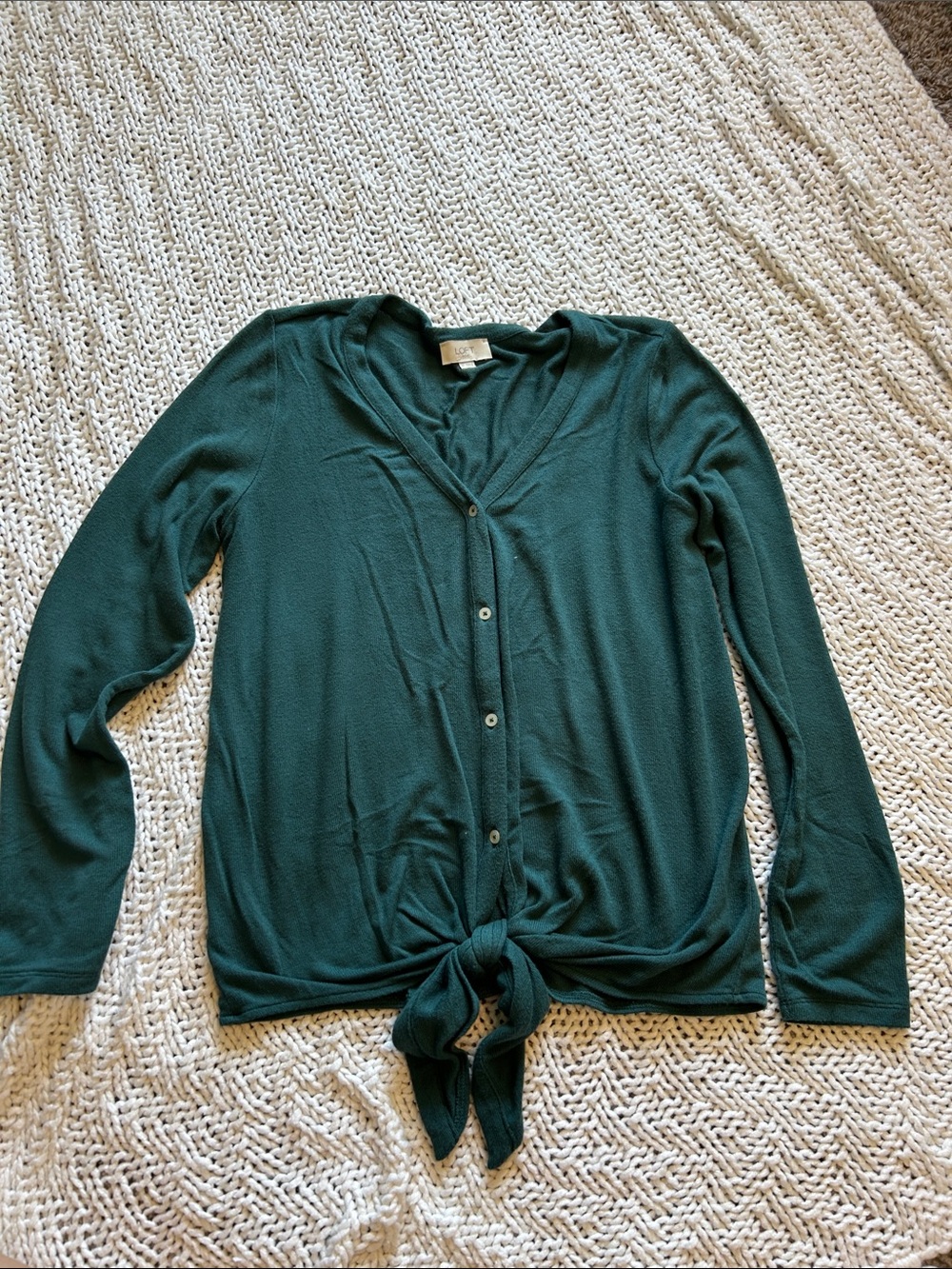LOFT Deep Green Button-Front Tie Hem Long Sleeve Top